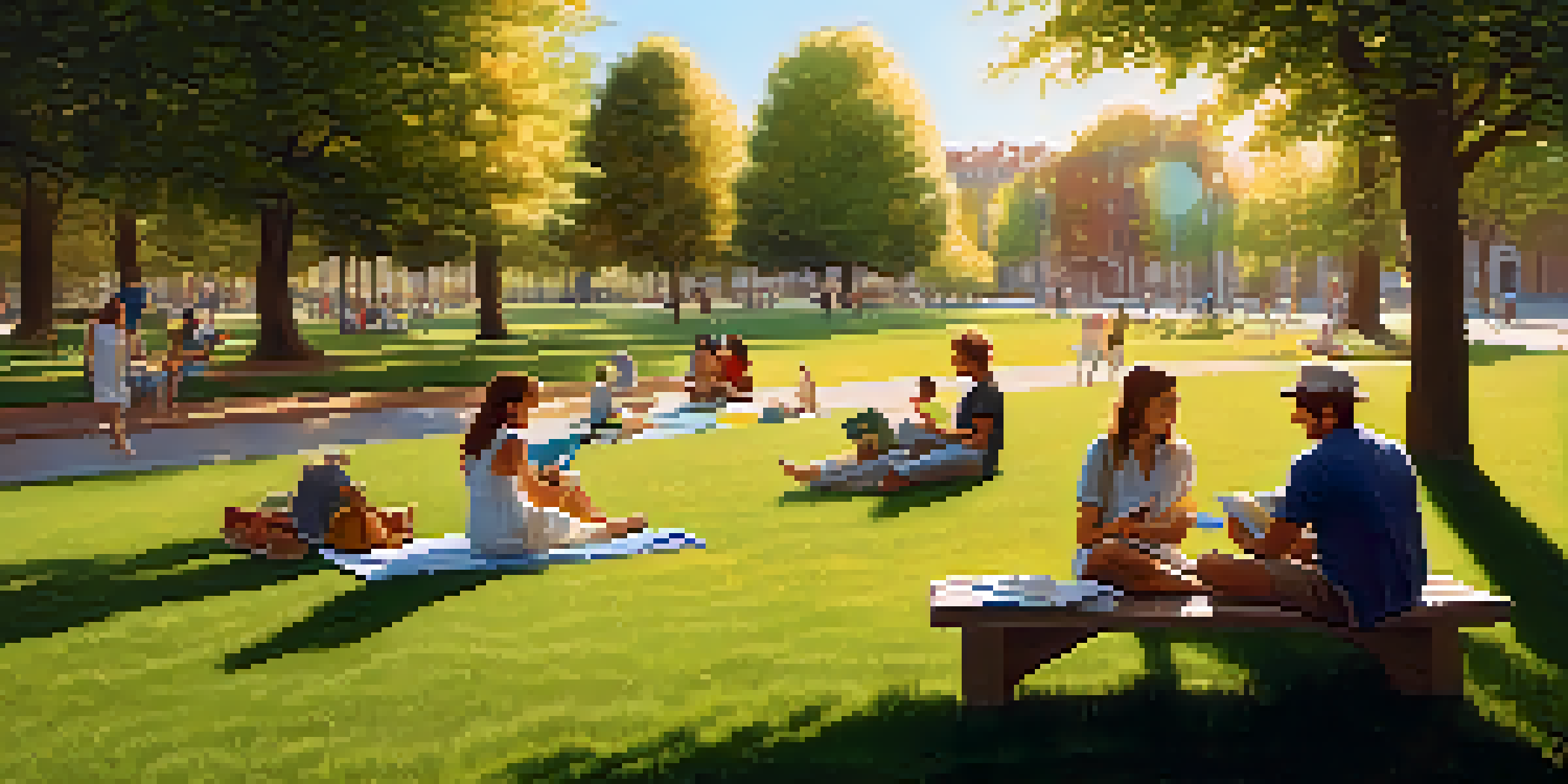 A peaceful park with people enjoying reading, playing frisbee, and having a picnic under sunlight filtering through trees.