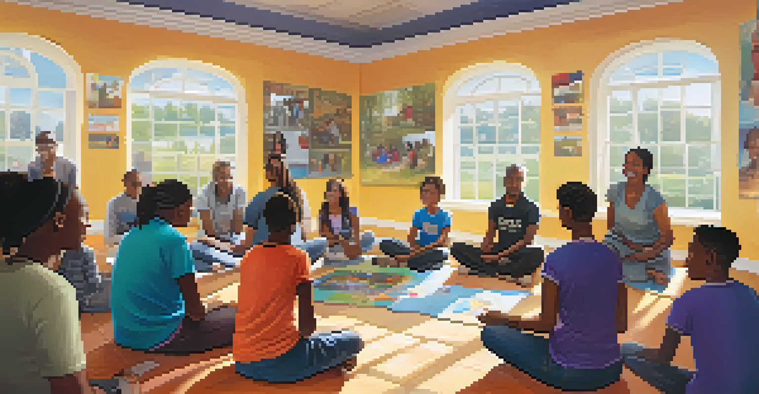 A support group session in a community center with people sitting in a circle, sharing stories and experiences in a bright room decorated with motivational posters.