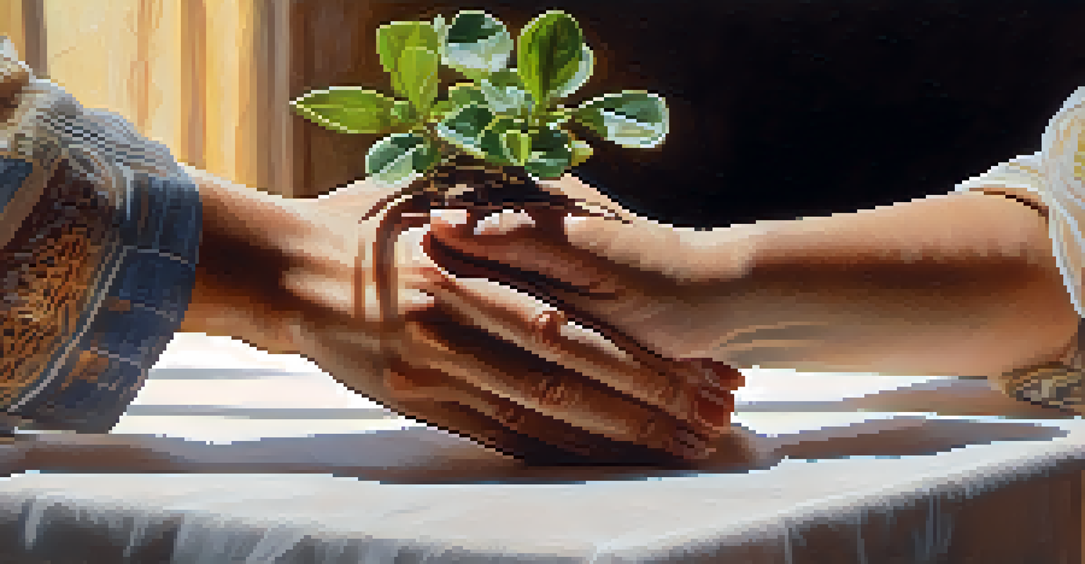 A close-up of two hands reaching out to each other over a table, symbolizing connection and support in a nurturing atmosphere.