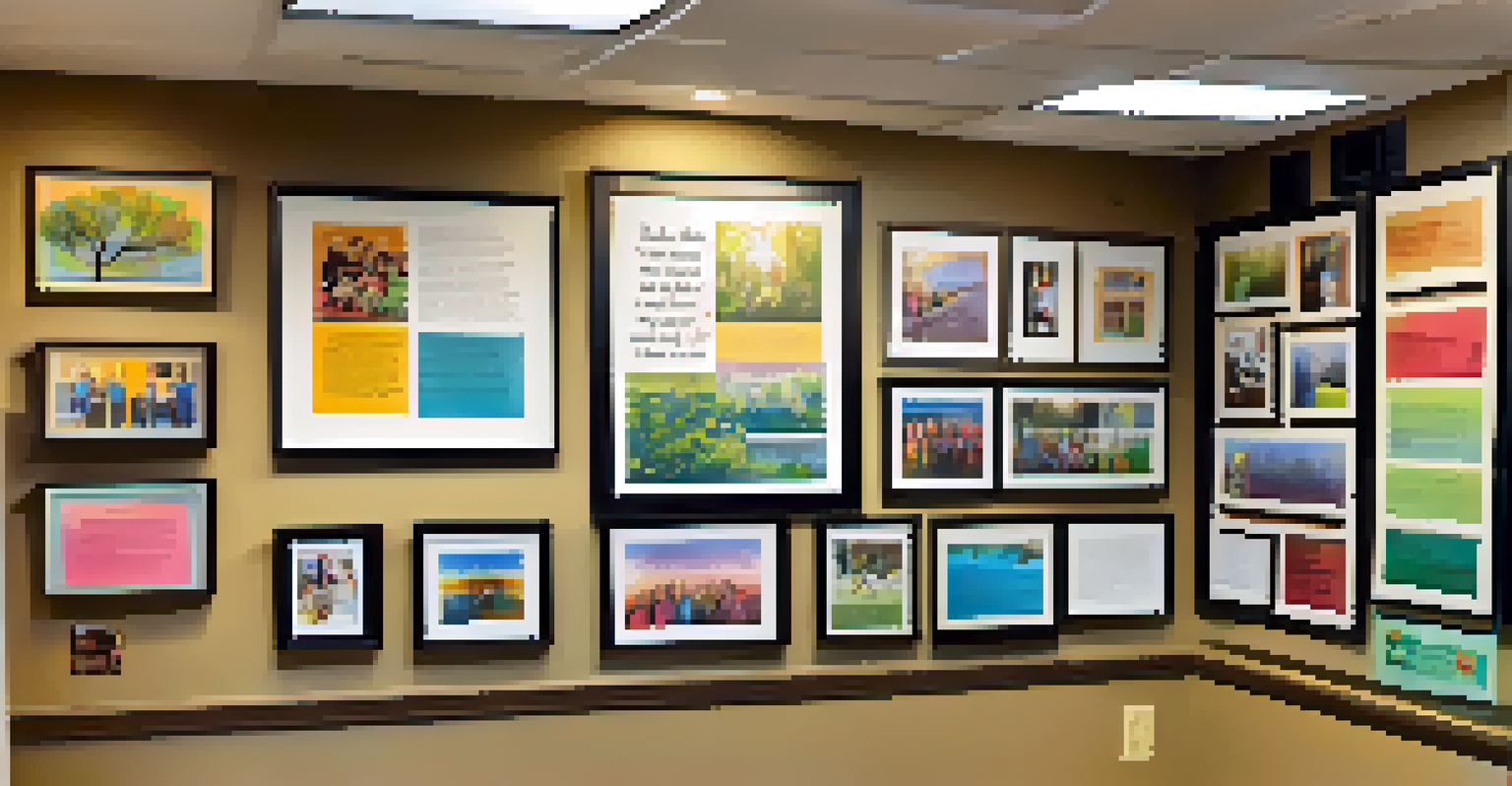 A wall collage of personal recovery stories with photographs and quotes in a community center.