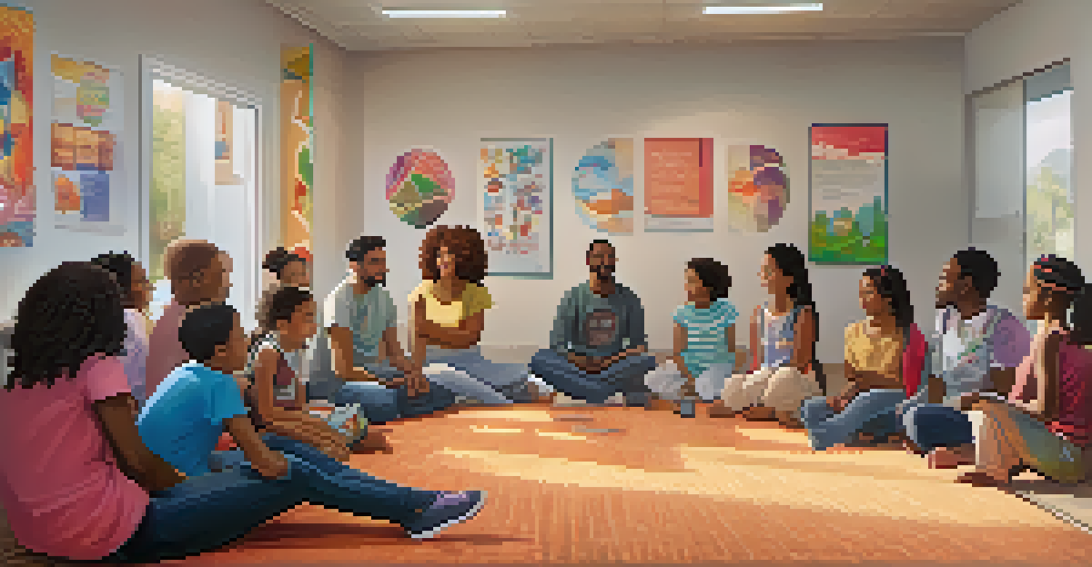 A community support group meeting with parents and children sharing stories in a bright, welcoming room.