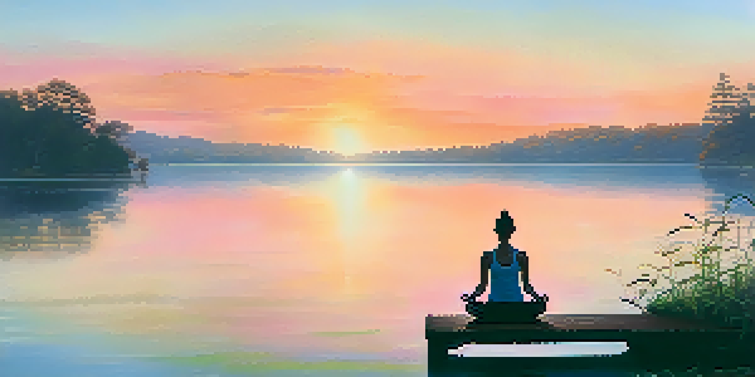 A person practicing yoga on a dock at sunrise, with mist over a lake and colorful sky.