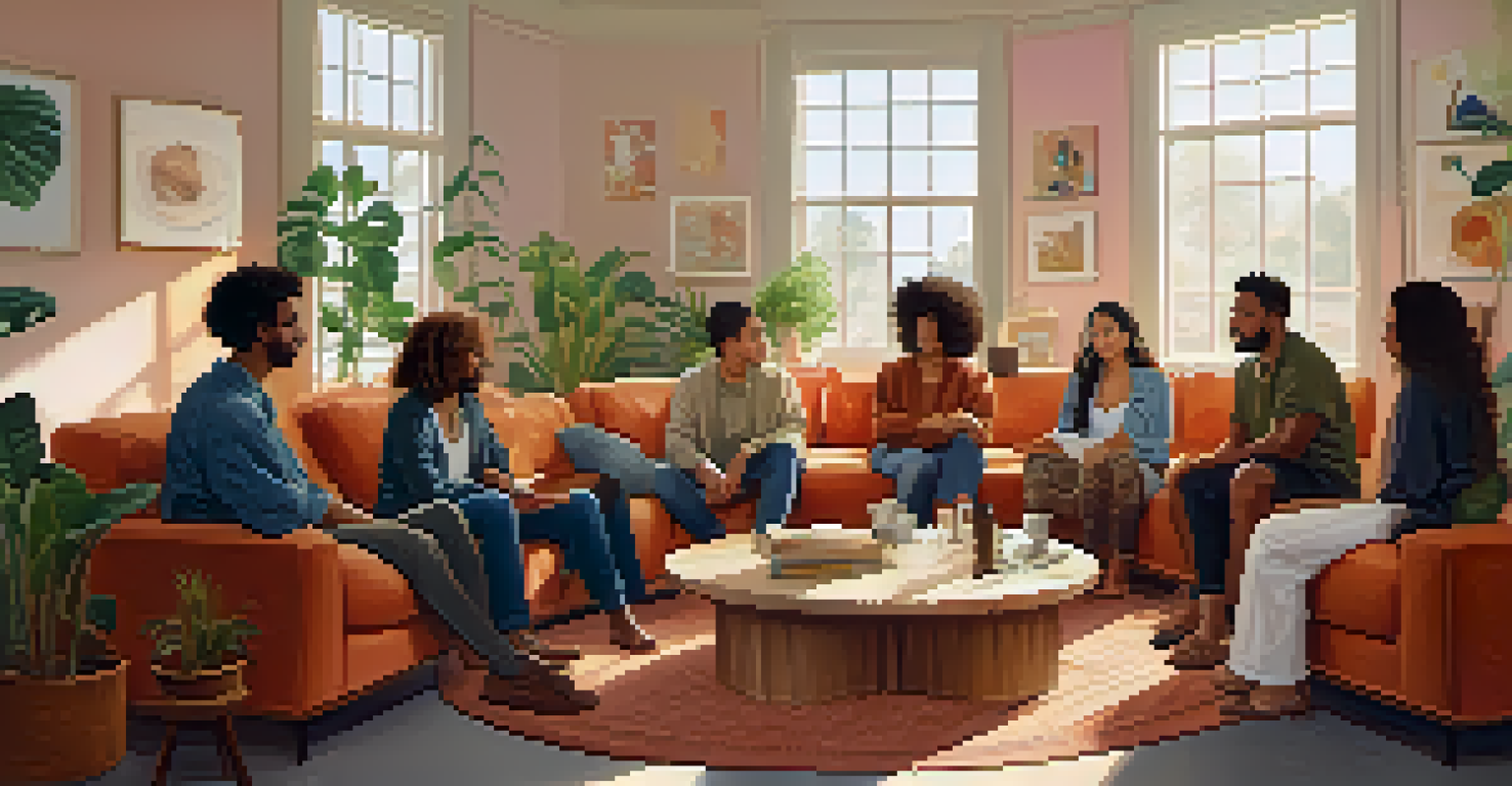 A diverse group of individuals sitting together in a cozy indoor space, engaged in a supportive discussion.