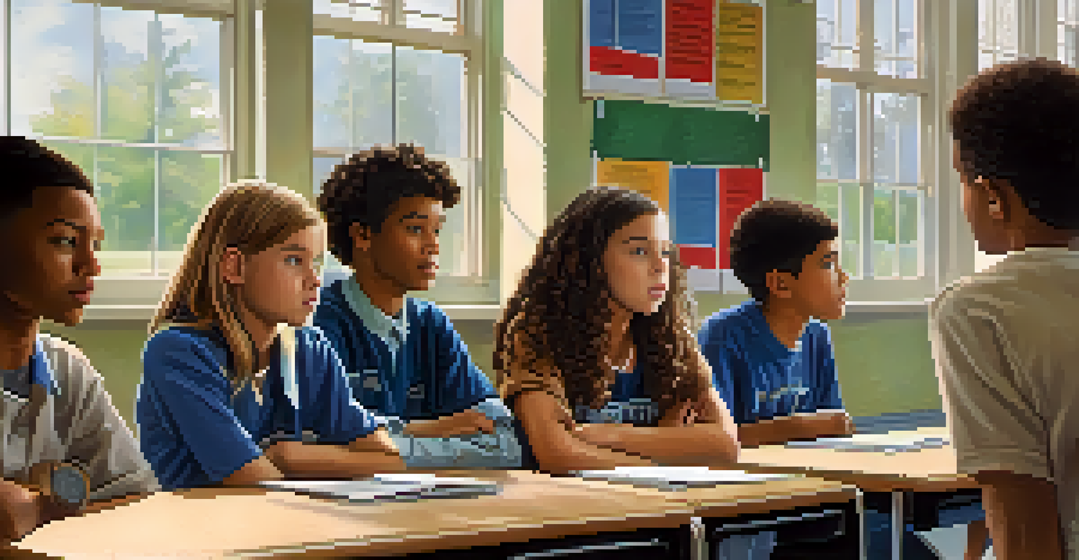 Students in a classroom listening to a teacher about substance abuse dangers, surrounded by educational posters.
