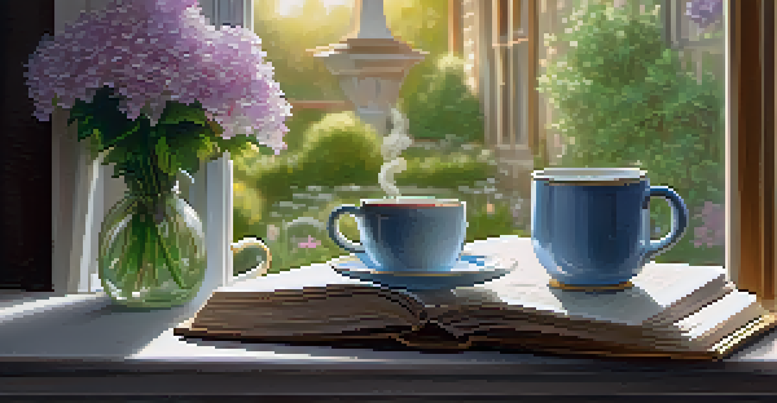 A cozy reading nook with cushions, a blanket, and a cup of tea by a window overlooking a blooming garden.