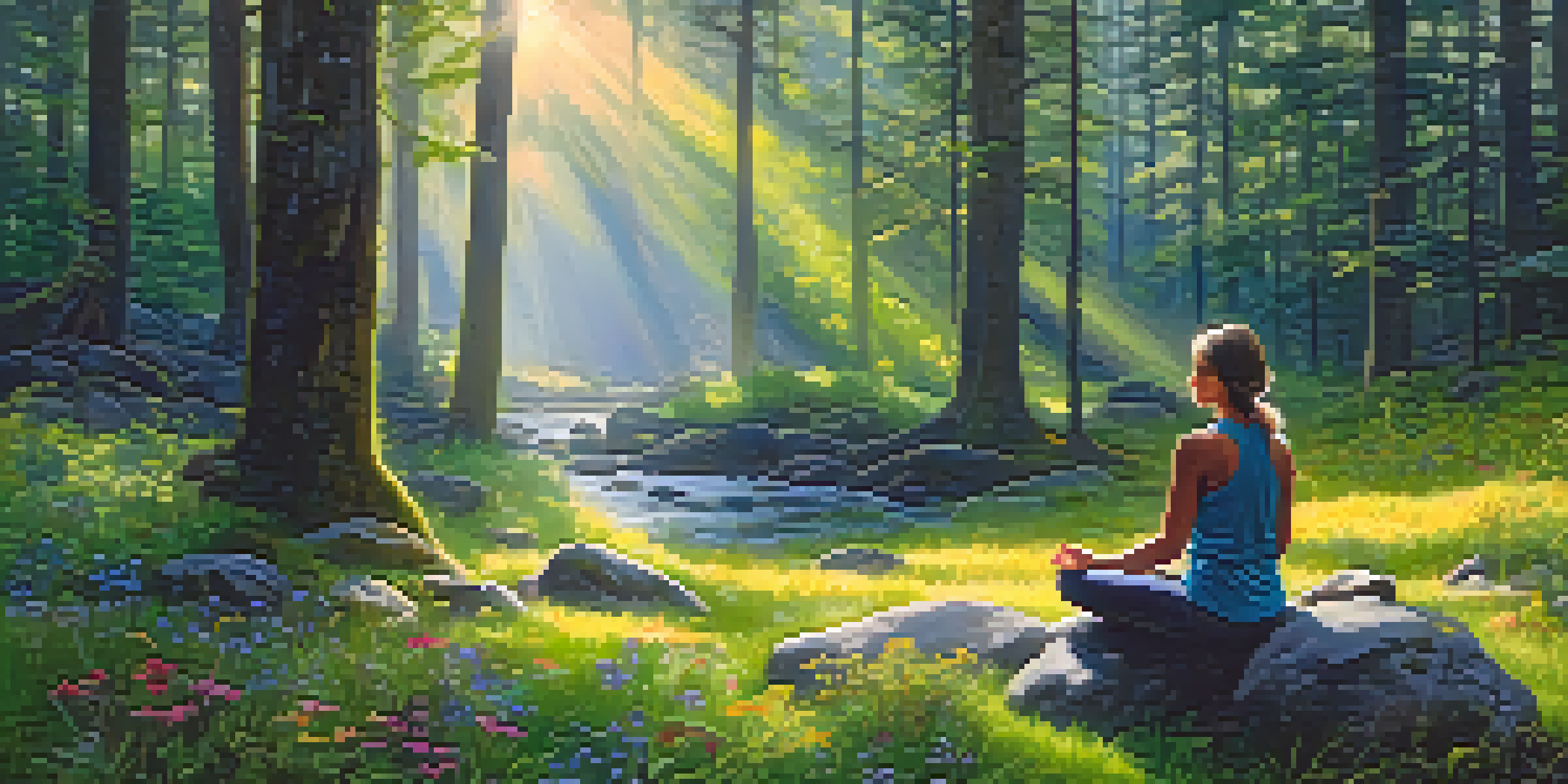 A person meditating in a peaceful forest at dawn, surrounded by greenery and flowers.