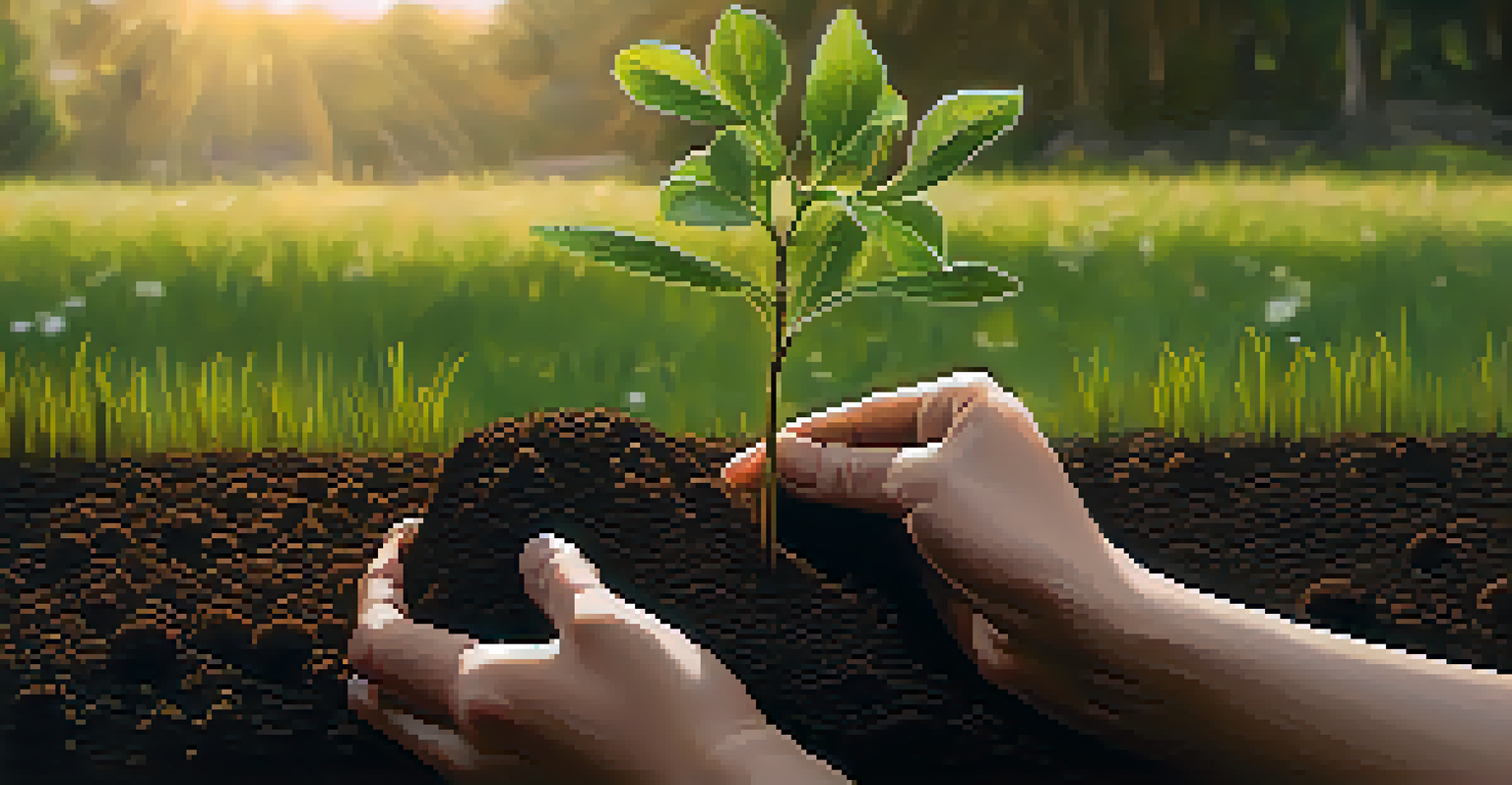 Hands planting a small tree sapling in dark soil, with sunlight and a blurred garden background.