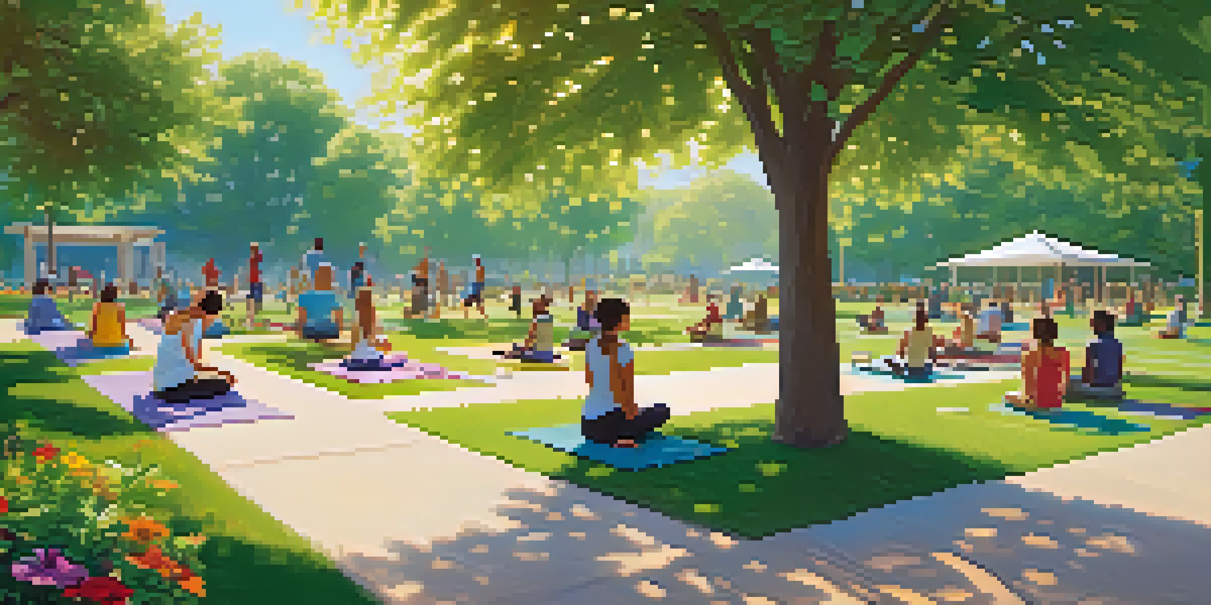 A vibrant community park with people practicing yoga, jogging, and socializing under bright sunlight and lush trees.