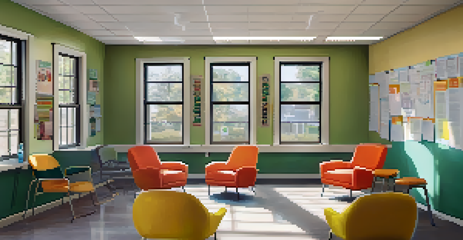 Inside a community center with colorful chairs and a bulletin board filled with mental health resources.