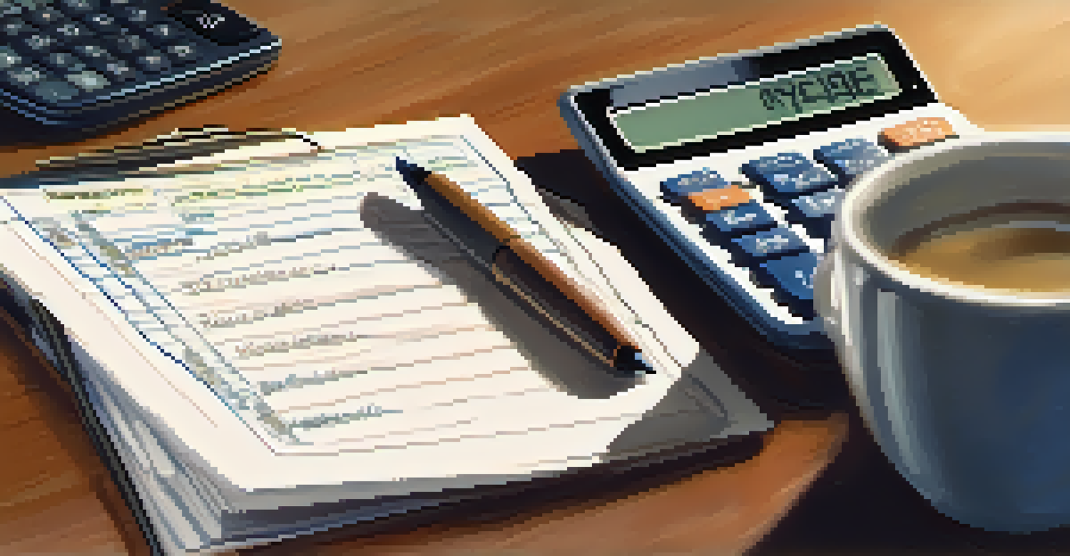 A close-up of a hand writing a budget on a notepad, surrounded by financial documents and a calculator in a softly lit workspace.