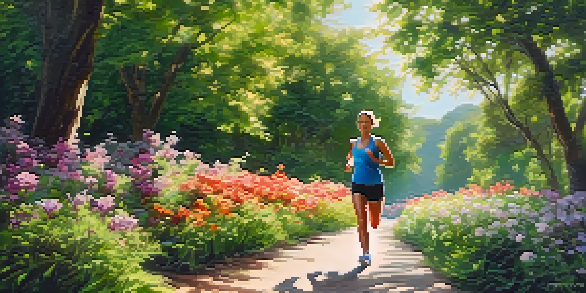 A person jogging on a sunlit path surrounded by greenery and flowers, with sunlight filtering through trees.