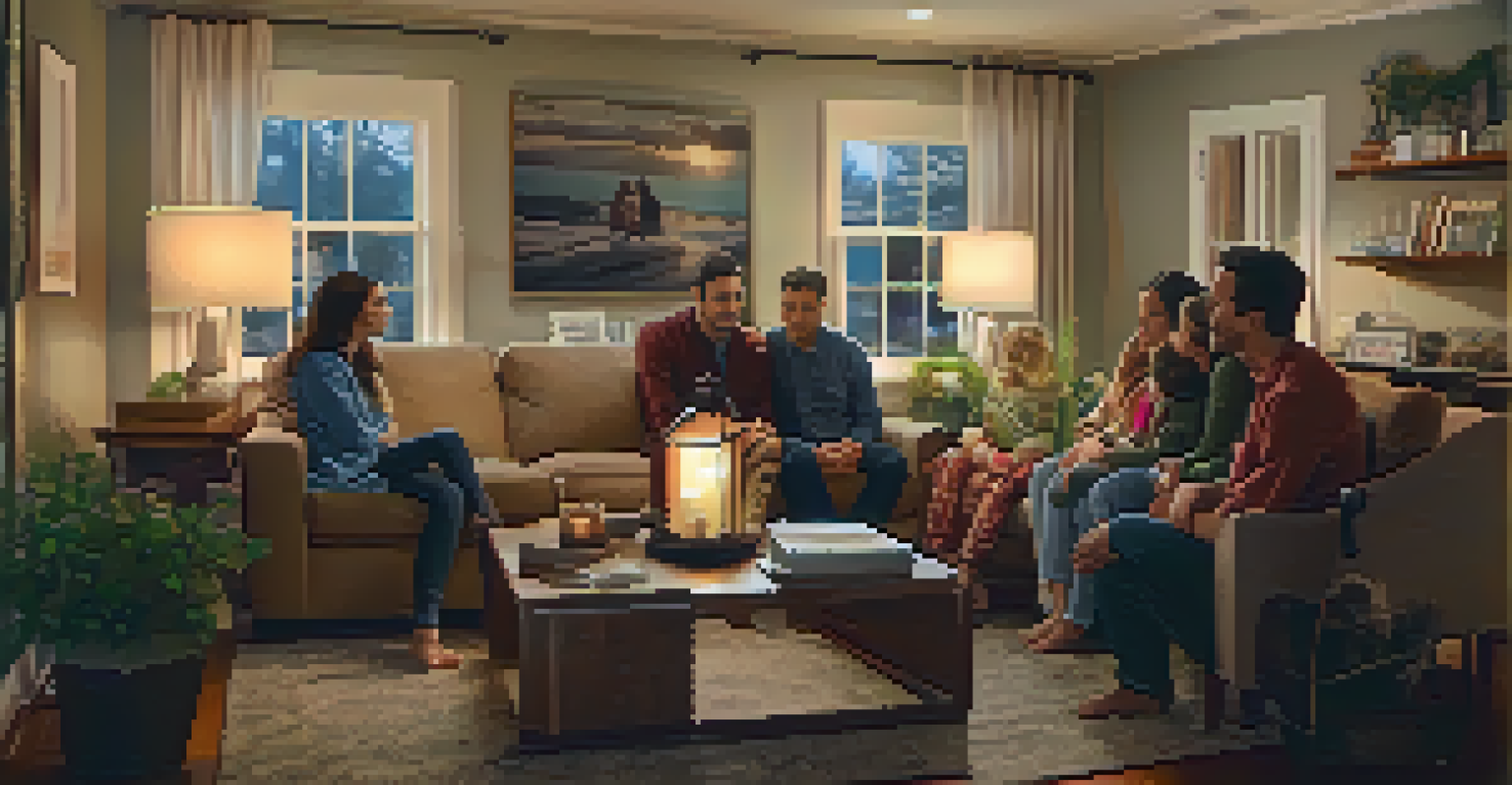 A family in a cozy living room, having an open conversation about addiction in a supportive environment.