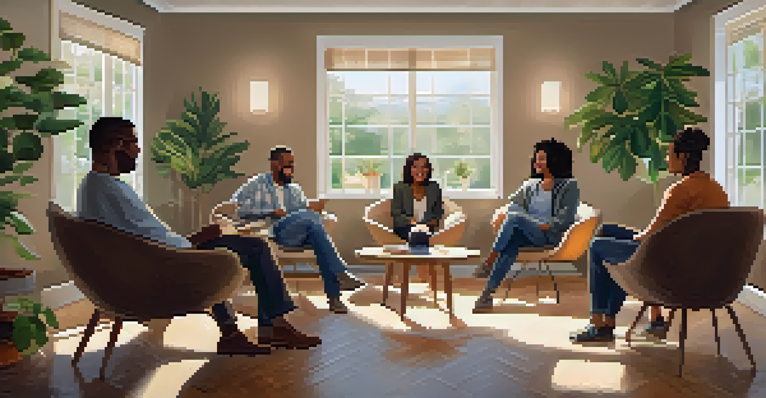 A circle of chairs in a cozy room with diverse individuals engaged in a supportive discussion.