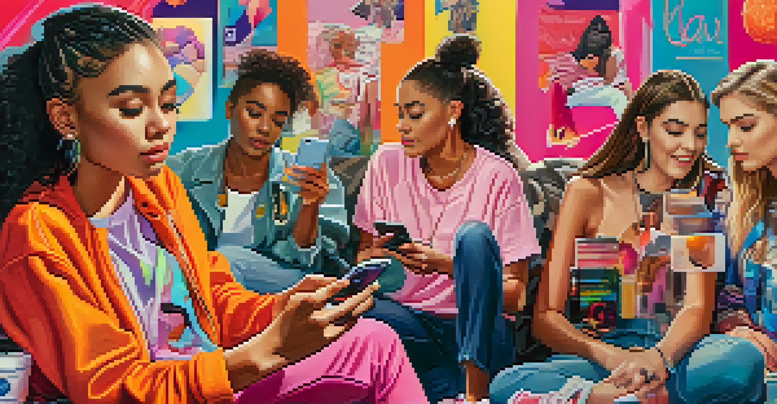 A teenager looking at their phone, surrounded by social media images that glamorize substance use.