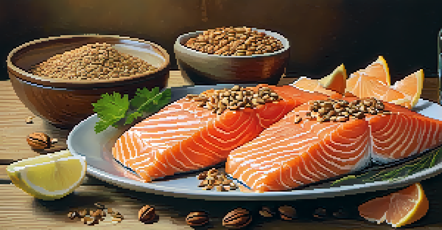 A colorful still life of salmon, flaxseeds, and walnuts on a wooden table, illuminated by warm natural light.