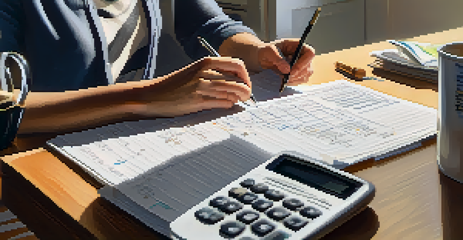 A person at a kitchen table reviewing a budget planner with coffee, calculator, and receipts, bathed in natural light.