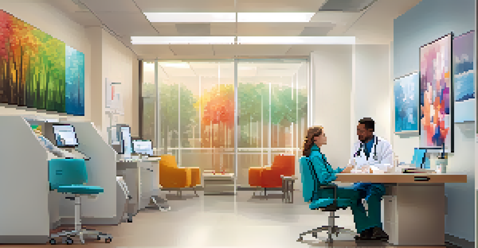 A healthcare provider using a tablet to communicate with a patient in a welcoming clinic environment.