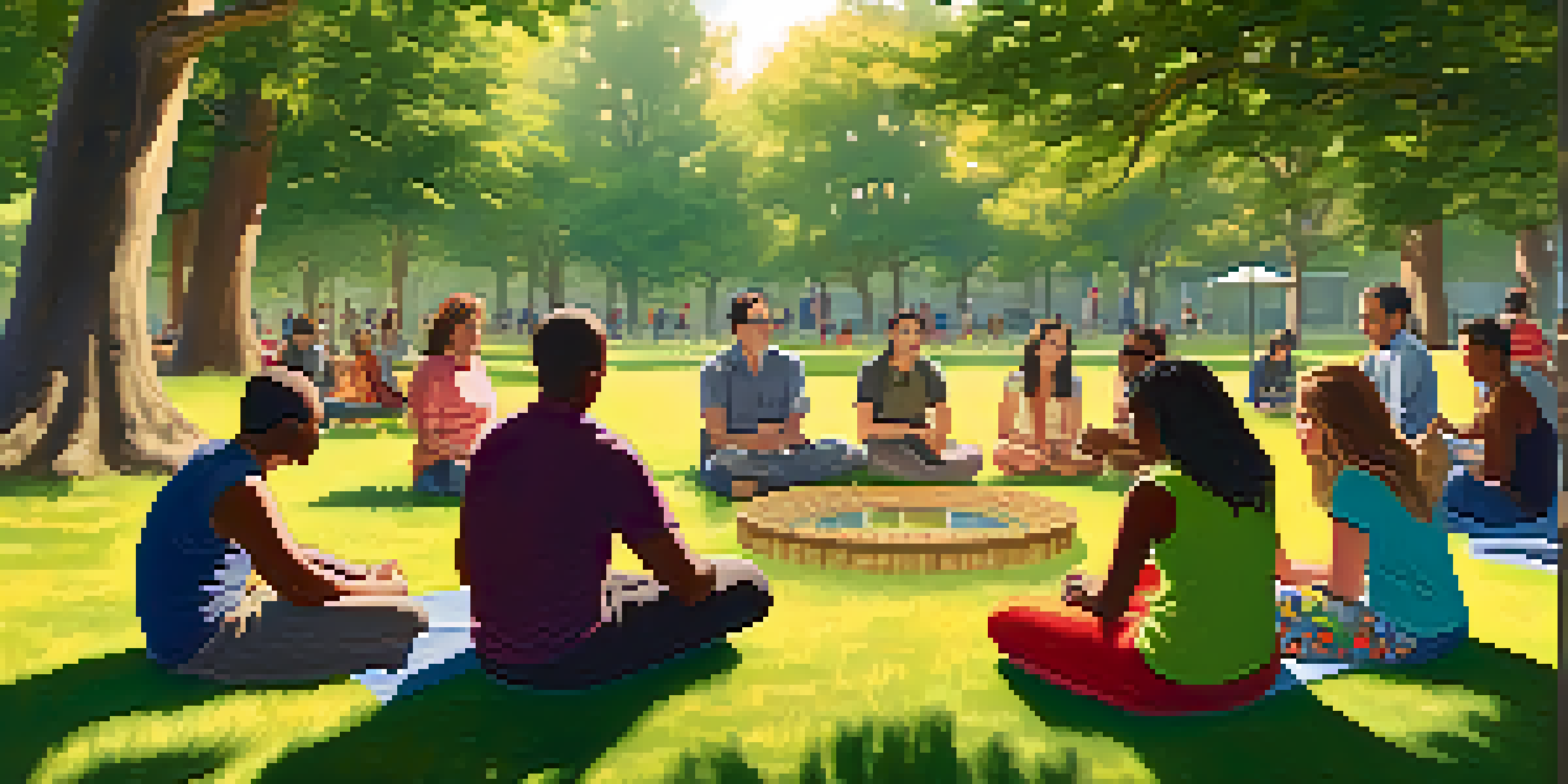 A diverse group of people sitting in a circle in a park, engaged in a support group, surrounded by greenery and flowers, with warm sunlight filtering through the trees.
