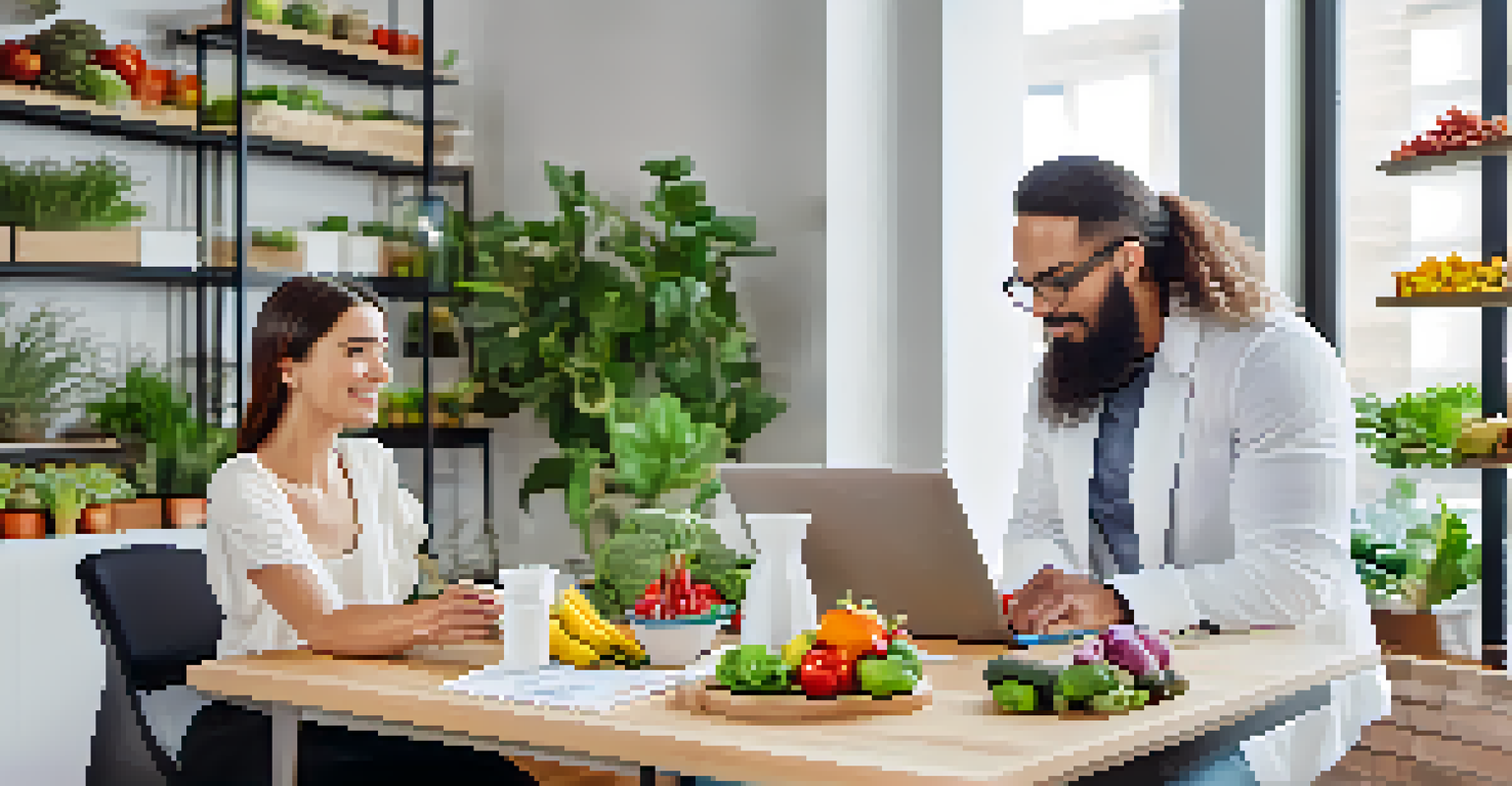 A nutritionist and client discussing a meal plan in a bright office, with fresh foods and nutritional charts on the table.