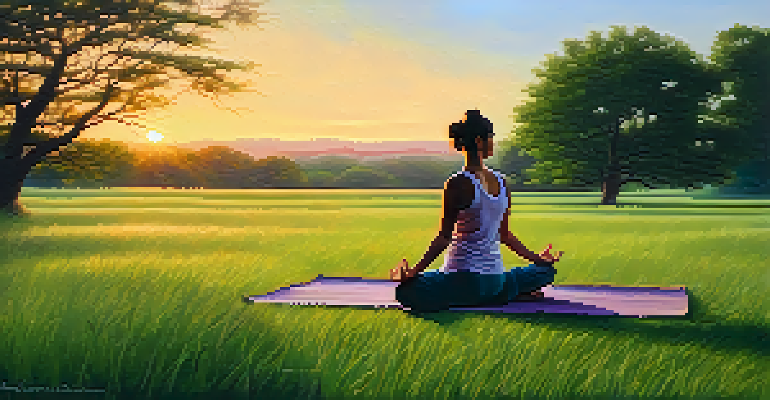 A person practicing yoga on a grassy field at sunset, showcasing a tranquil environment with vibrant sunset colors.