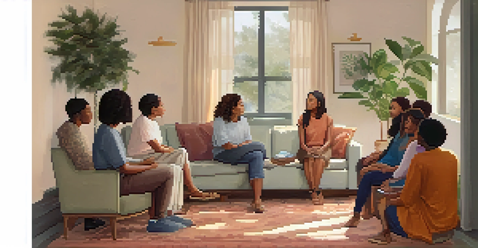 A diverse group of individuals in a cozy circle during a therapy session, sharing their thoughts with a trained facilitator in a warm, inviting room.