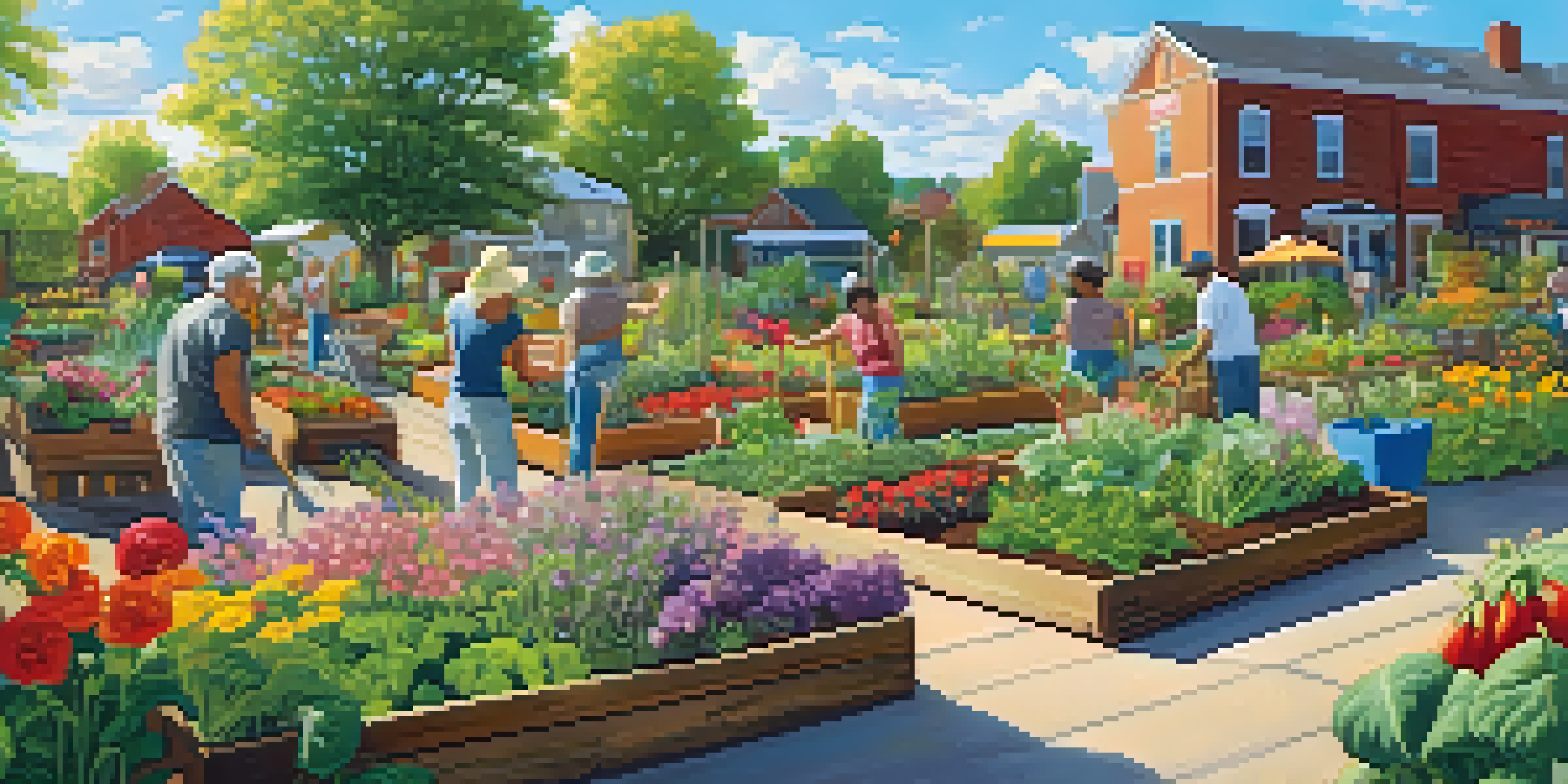 A diverse group of people working together in a colorful community garden, planting flowers and vegetables under a sunny sky.