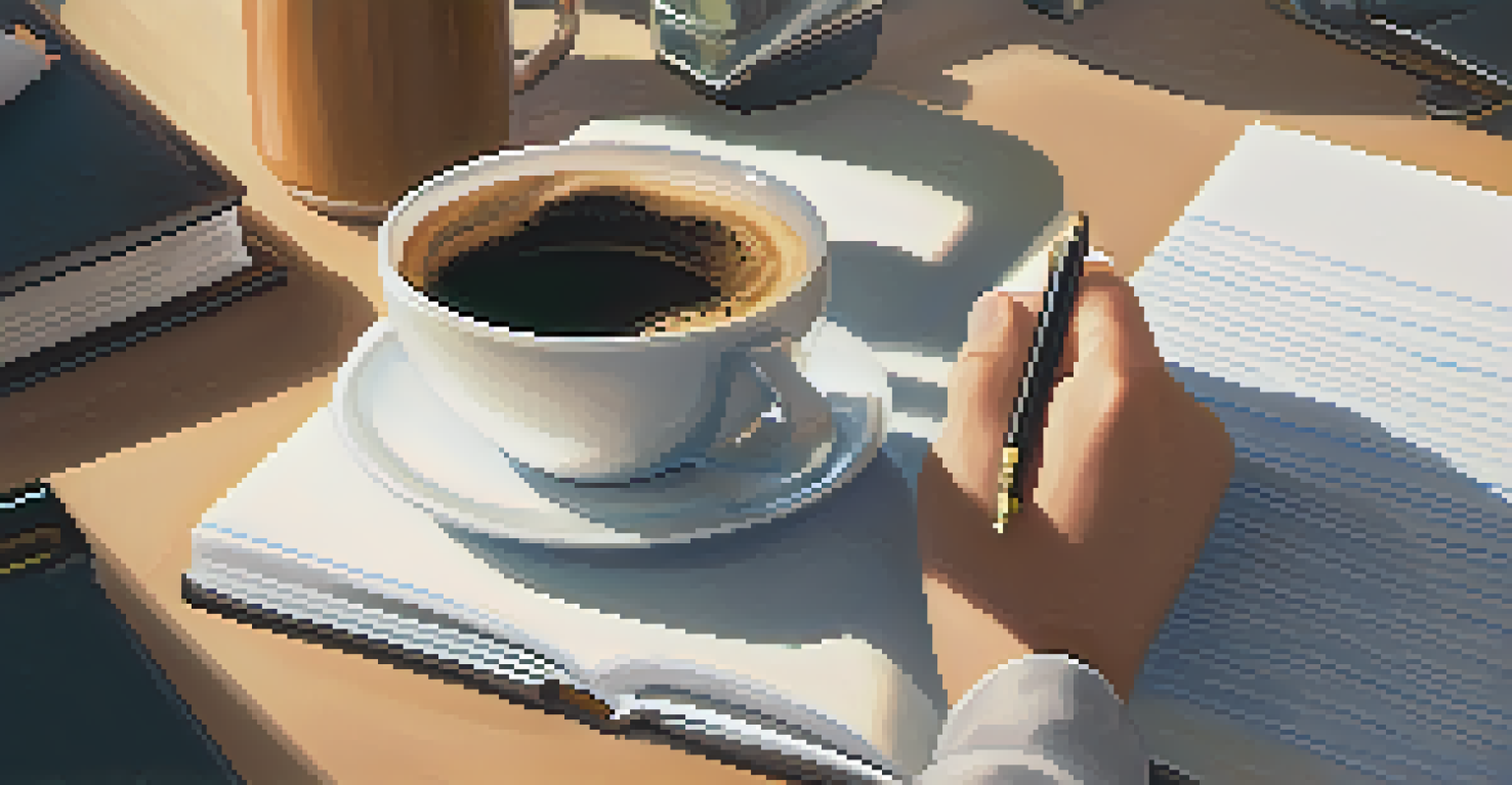 Close-up of hands with a coffee cup and notepad, representing discussions about mental health in the workplace.