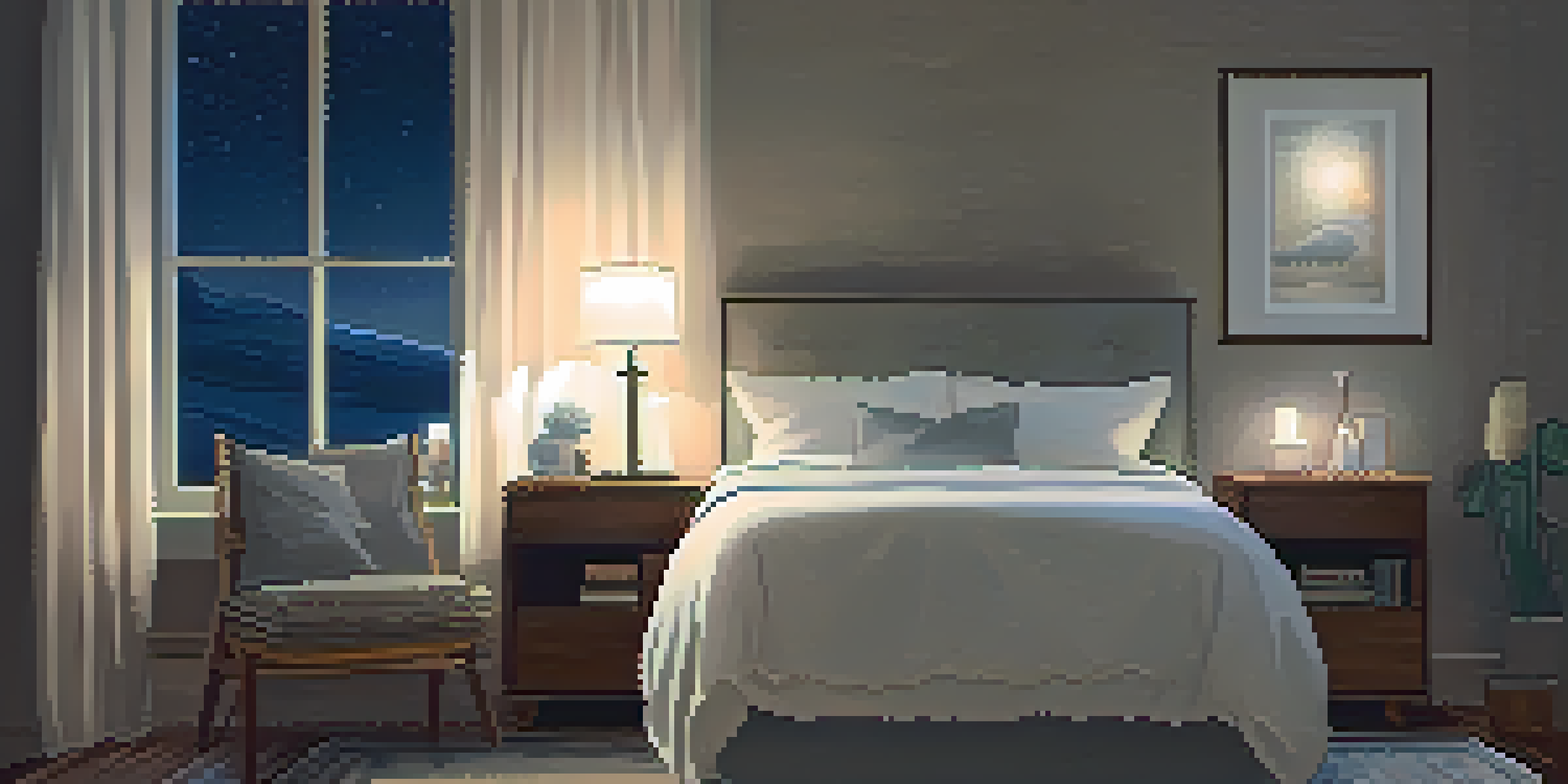 A peaceful bedroom at night with a glowing bedside lamp and a view of a starry sky through the window.