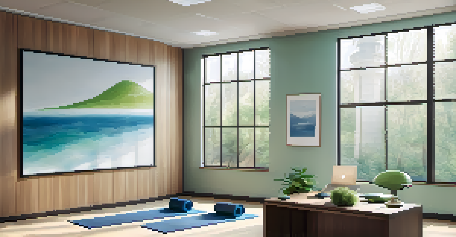 A wellness room in an office with yoga mats and wellness pamphlets, bathed in soft natural light.