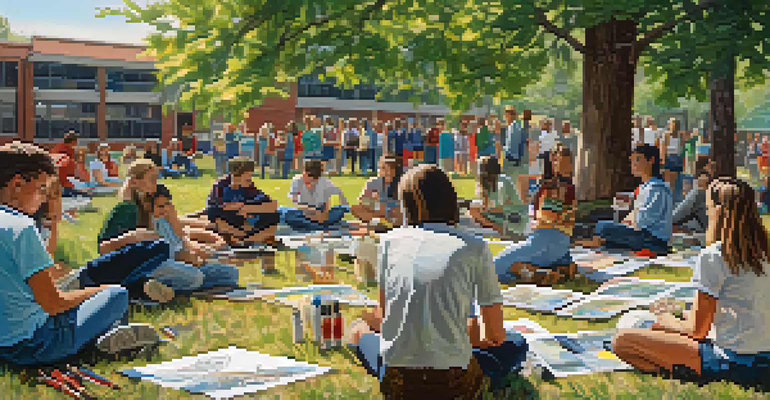 Students engaged in an outdoor workshop about addiction, sitting on blankets and listening to a speaker, with art supplies and informative posters around.