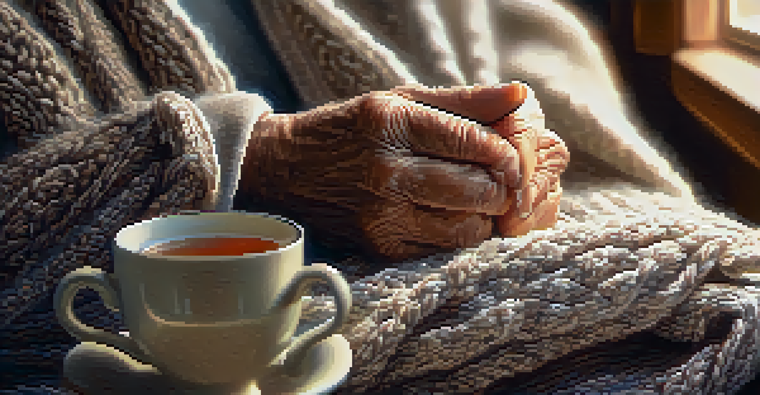 Close-up of an older adult's hands holding a cup of herbal tea with a cozy blanket.