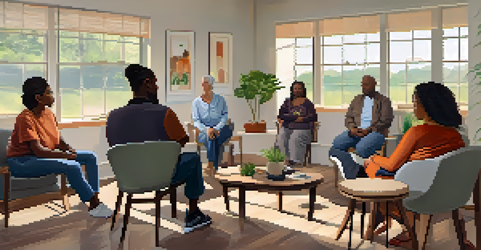 A community support group session with individuals sharing stories in a bright and inviting room, fostering connection and support.