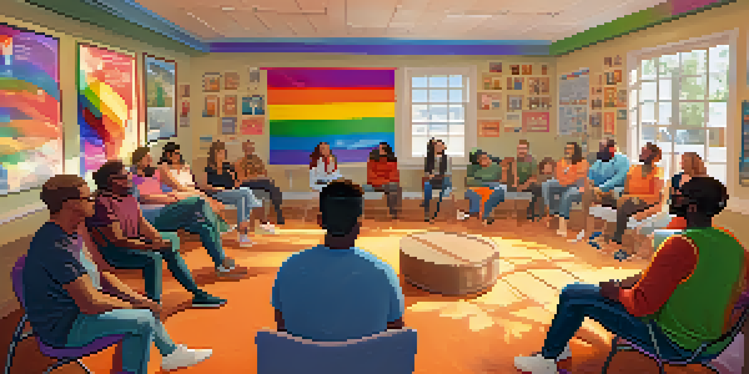 A diverse group of individuals in a supportive environment, sharing their experiences in an LGBTQ+ support group.