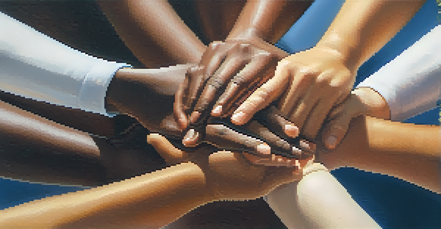 A close-up image of diverse hands coming together in a gesture of support, symbolizing unity and community.
