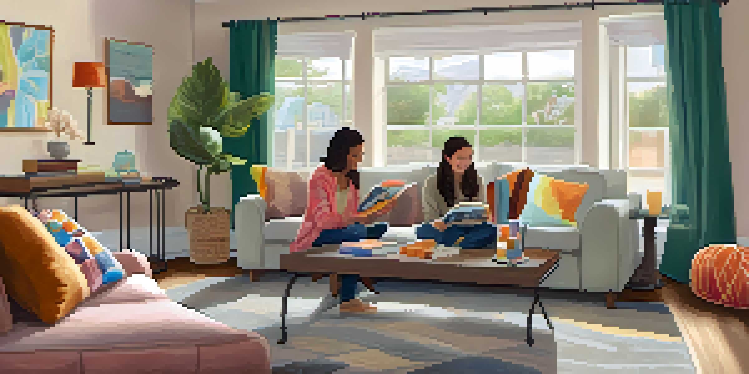 A cozy family living room with soft lighting, a child hugging a stuffed animal, and an adult reading a book, showcasing a supportive environment.