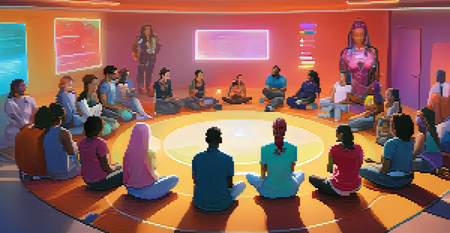 A digital support group meeting with diverse avatars sharing experiences in a colorful virtual reality environment.