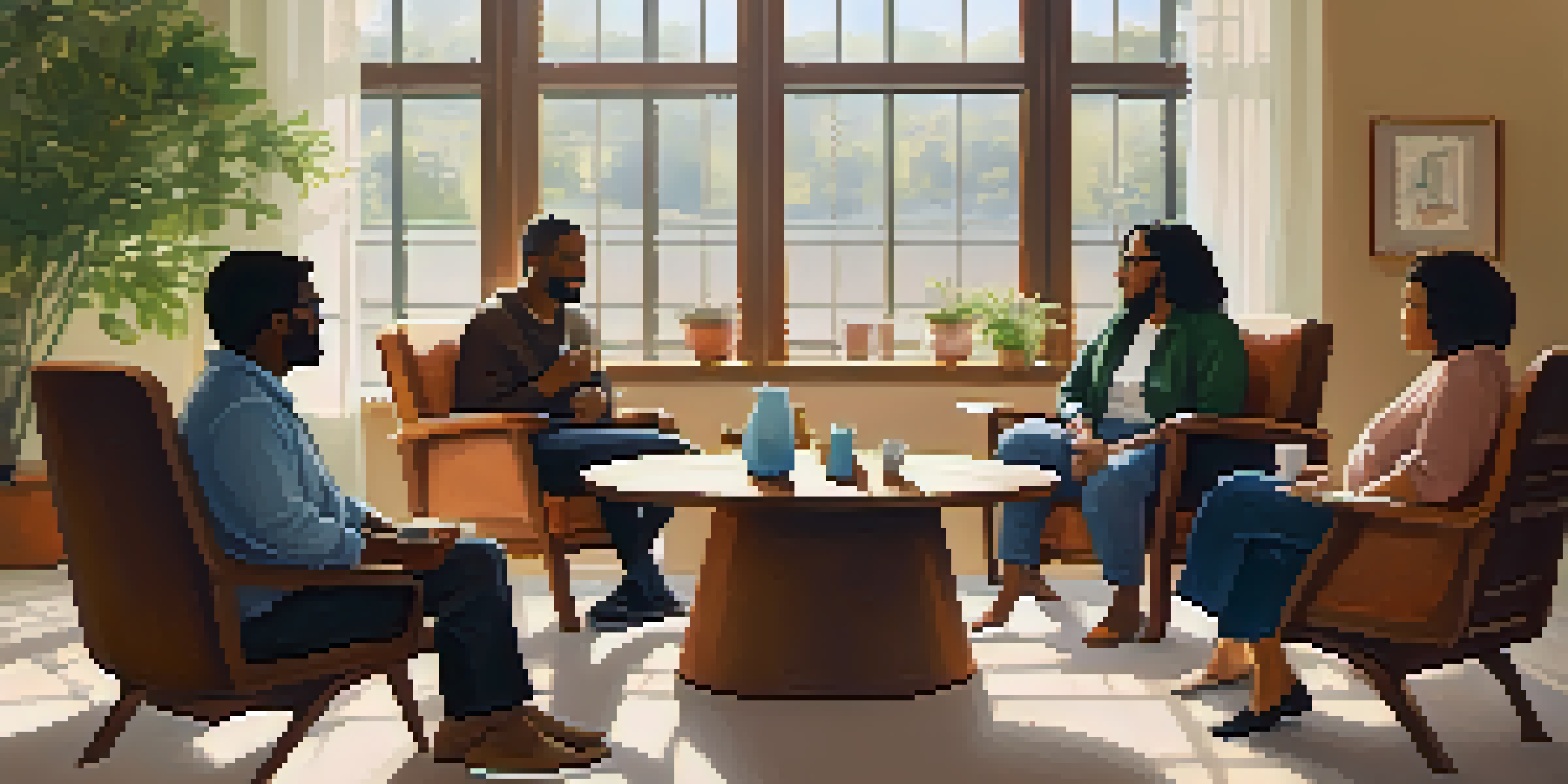 A diverse group of individuals engaged in a supportive group therapy session in a warmly lit room, sitting in a circle with comfortable chairs.