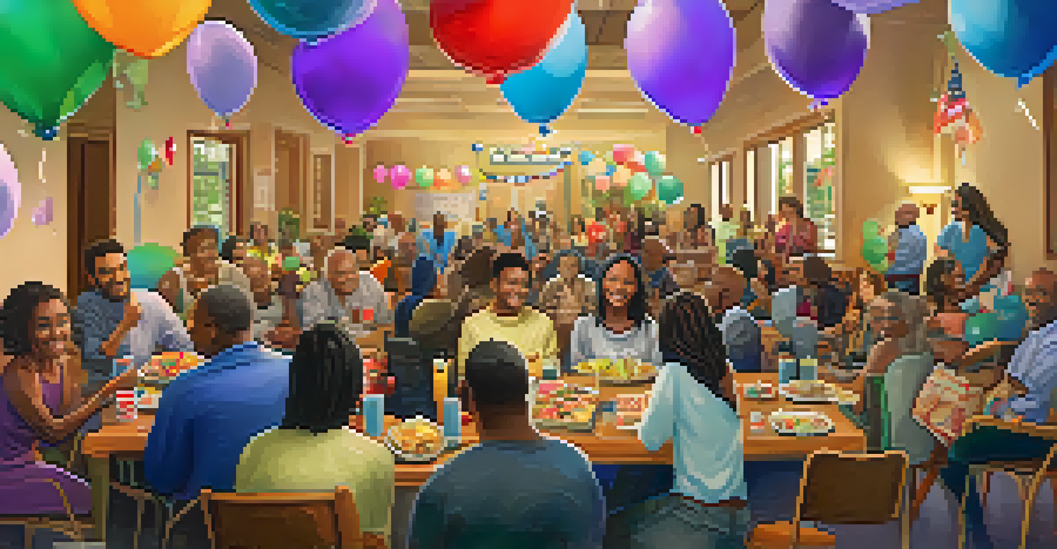 Residents celebrating recovery milestones in a decorated communal space, with smiles and snacks, under a 'Celebrating Recovery' banner.