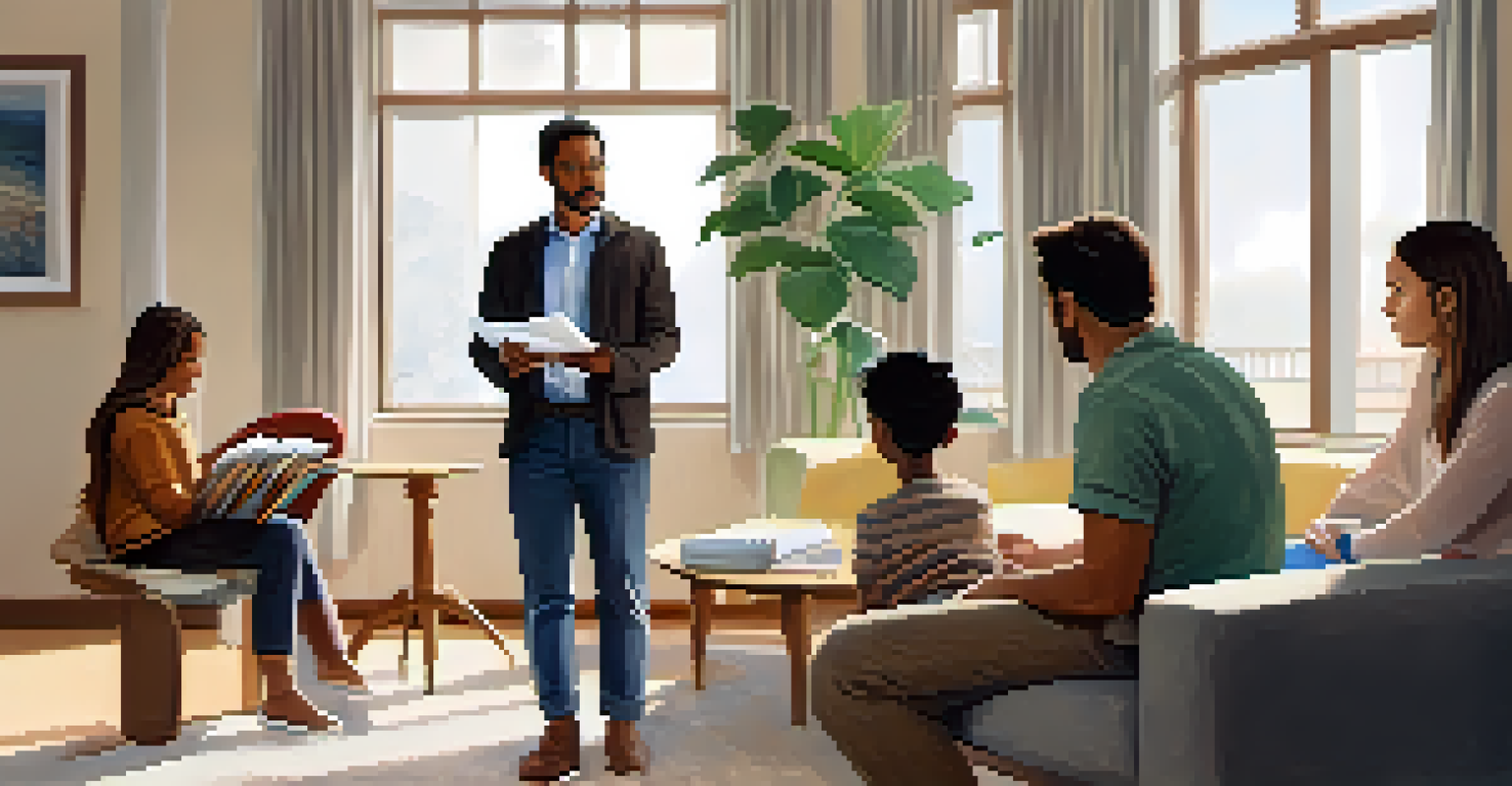 A therapist facilitating active listening among family members in a bright, welcoming room.
