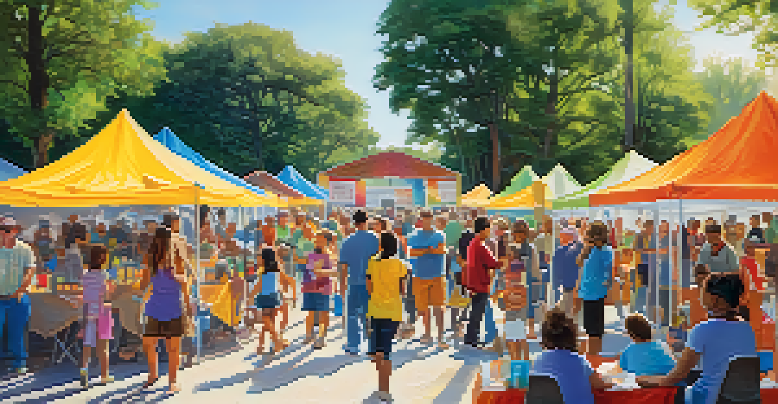 A vibrant outdoor community event with booths providing information on addiction awareness, and children playing in the background under sunny skies.