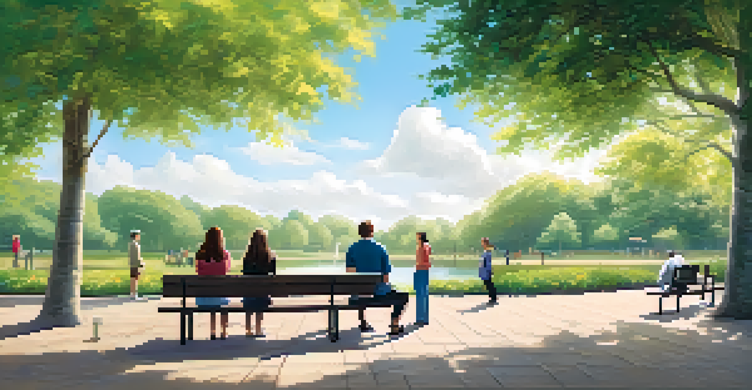 A therapist and a woman sitting in a park, engaged in a supportive conversation, with greenery and a bright sky in the background.
