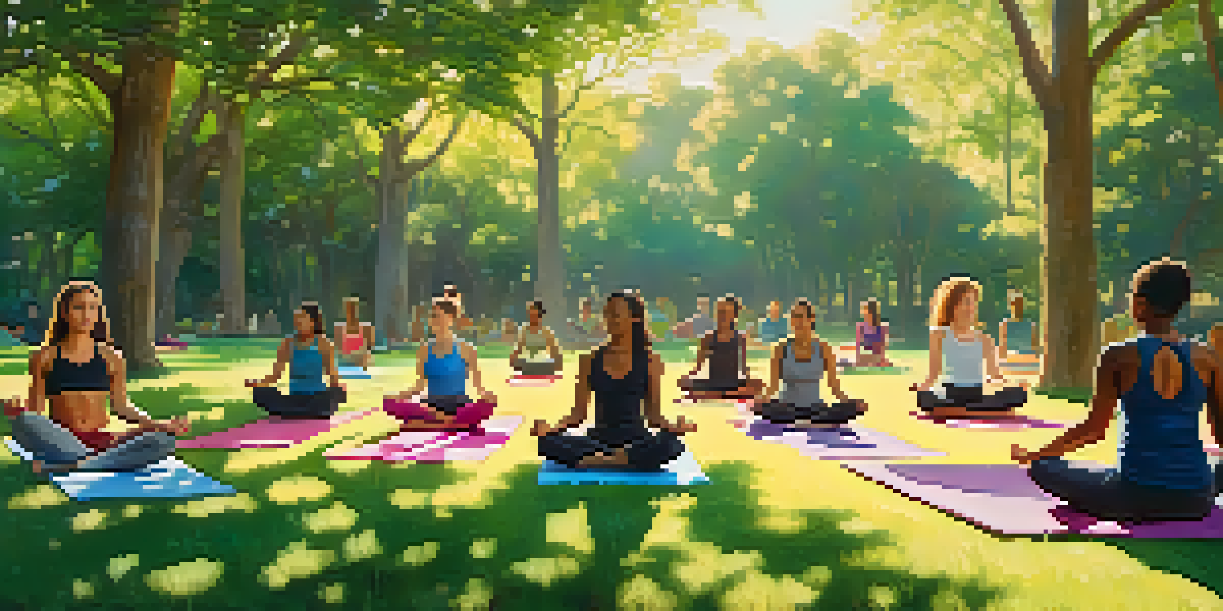 A group of diverse young people practicing yoga in a sunny park, surrounded by trees and greenery, each in different poses.