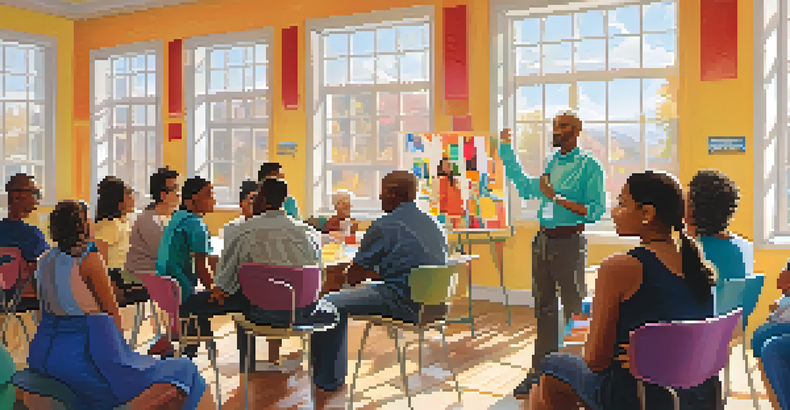 An educational workshop in a classroom with adults listening to a speaker, surrounded by posters about healthy living.