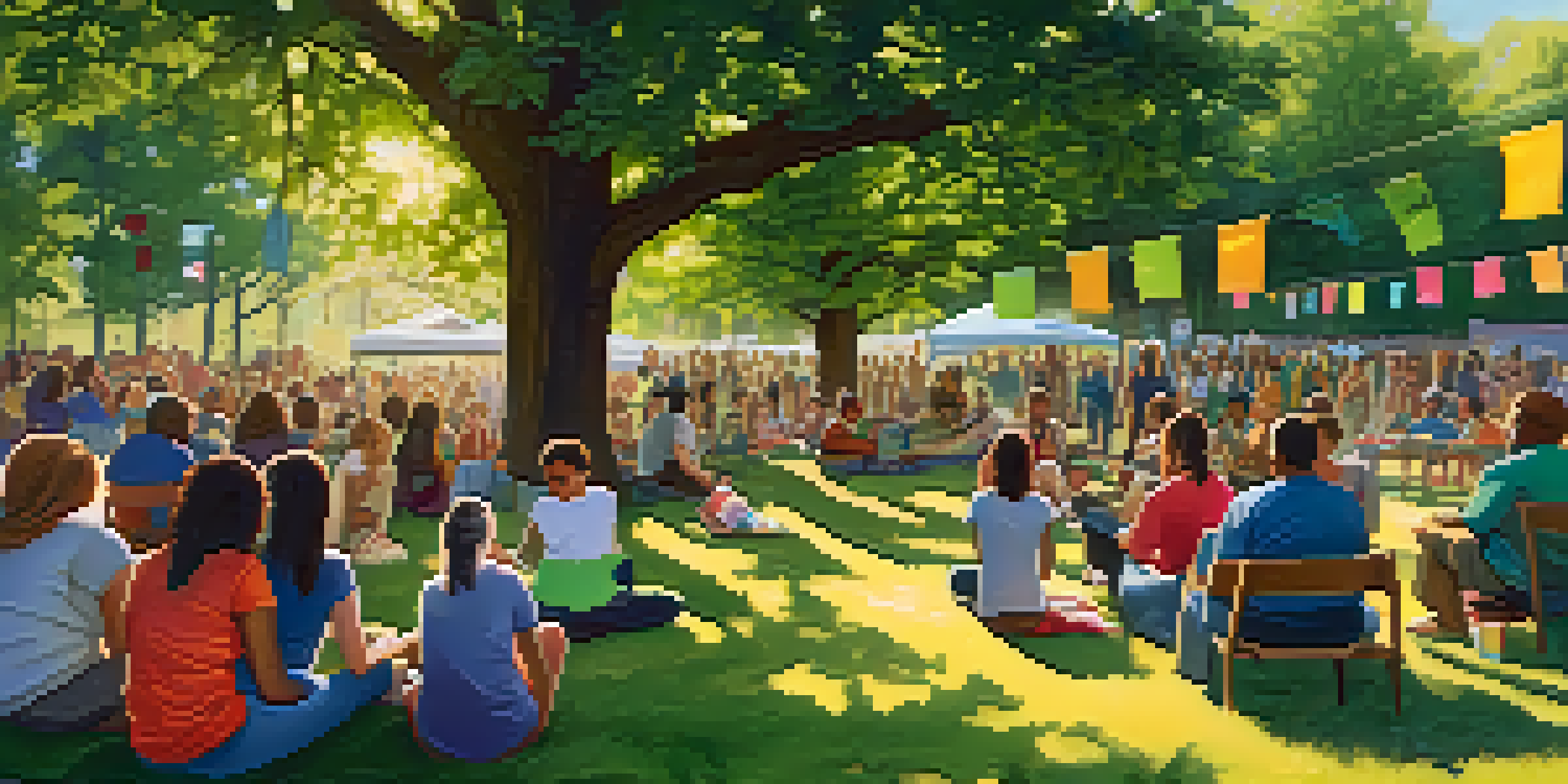 A community gathering in a sunny park focused on harm reduction, with people interacting and volunteers providing resources.