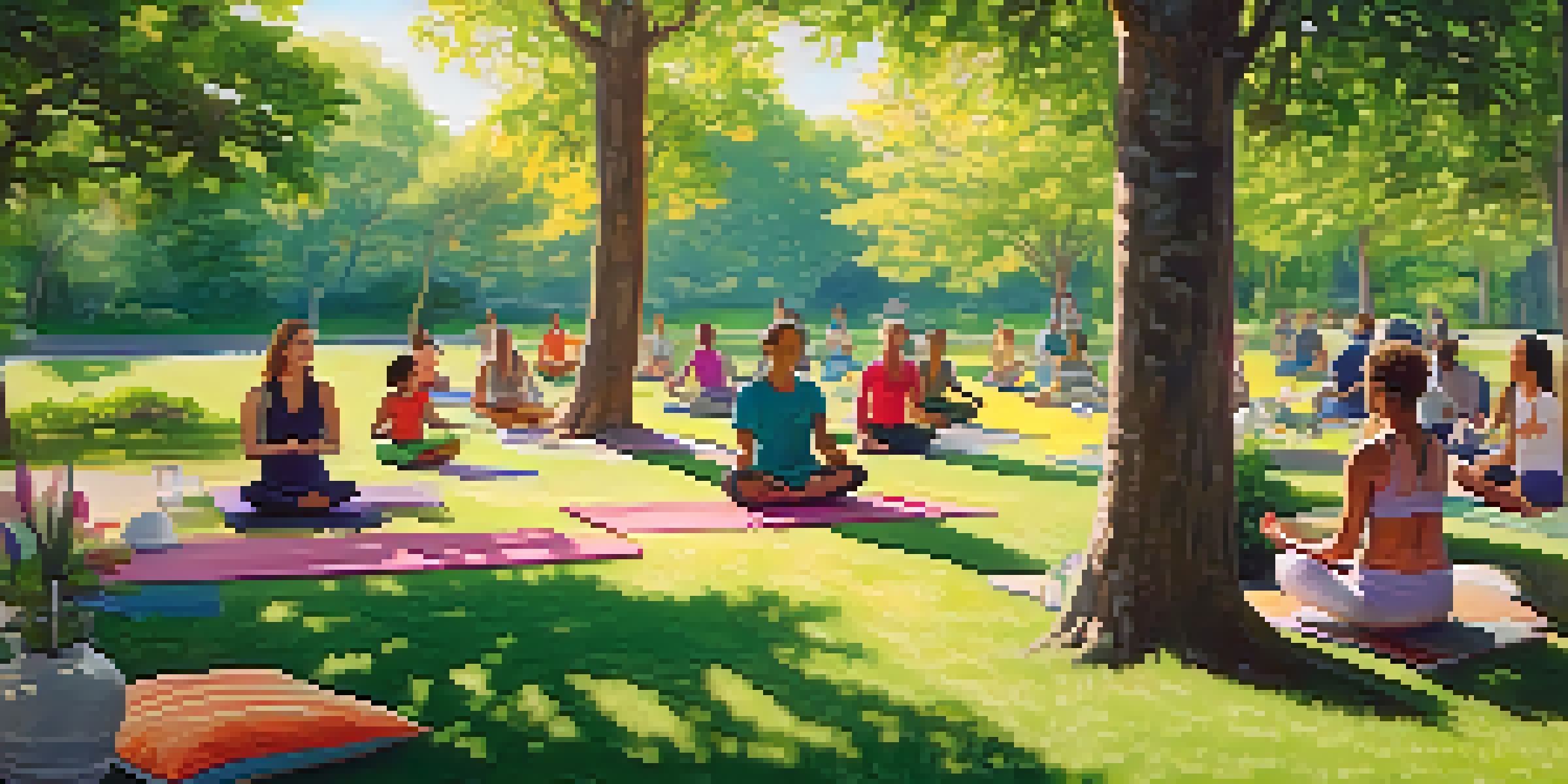A tranquil park with people practicing yoga, meditating, and having discussions in a sunny environment surrounded by greenery and flowers.