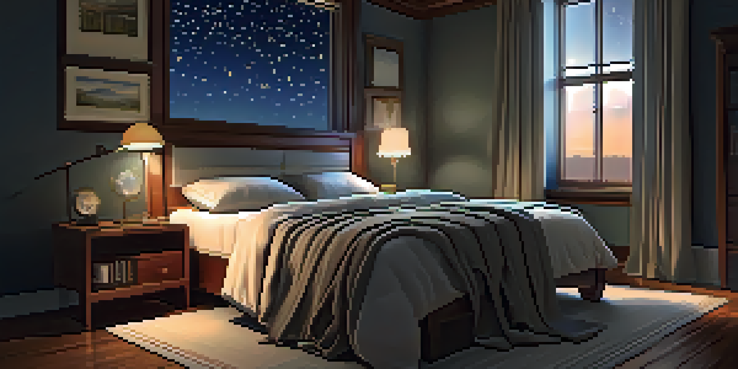 A peaceful bedroom with a soft glow from a bedside lamp, a glass of water, and a book on the nightstand, under a starry night sky.