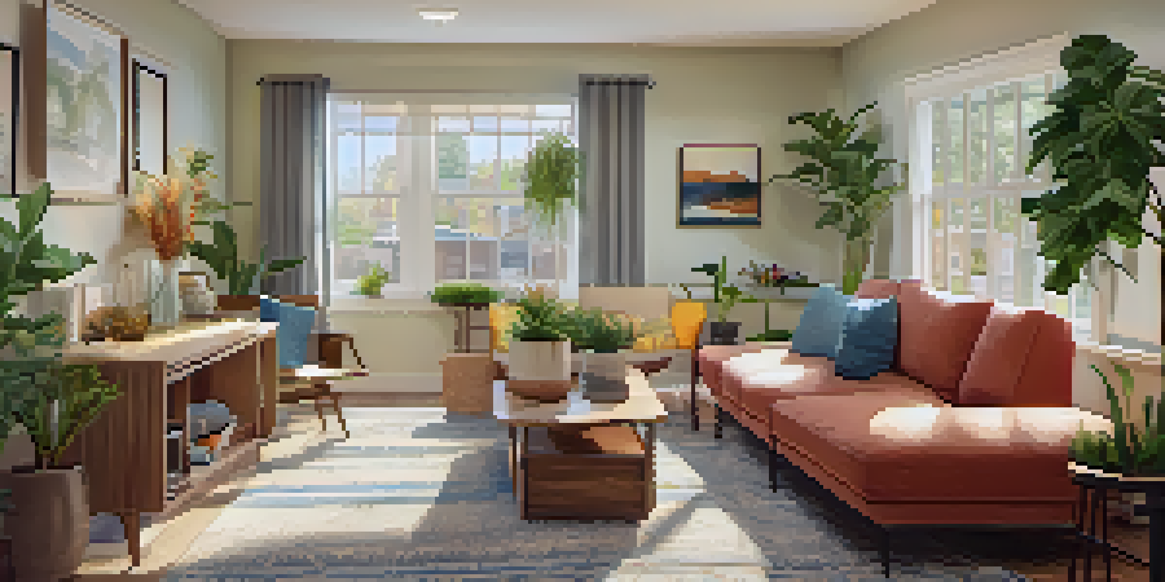 A bright and inviting communal living room in a transitional housing setting, with diverse residents participating in a group activity among plants and artwork.