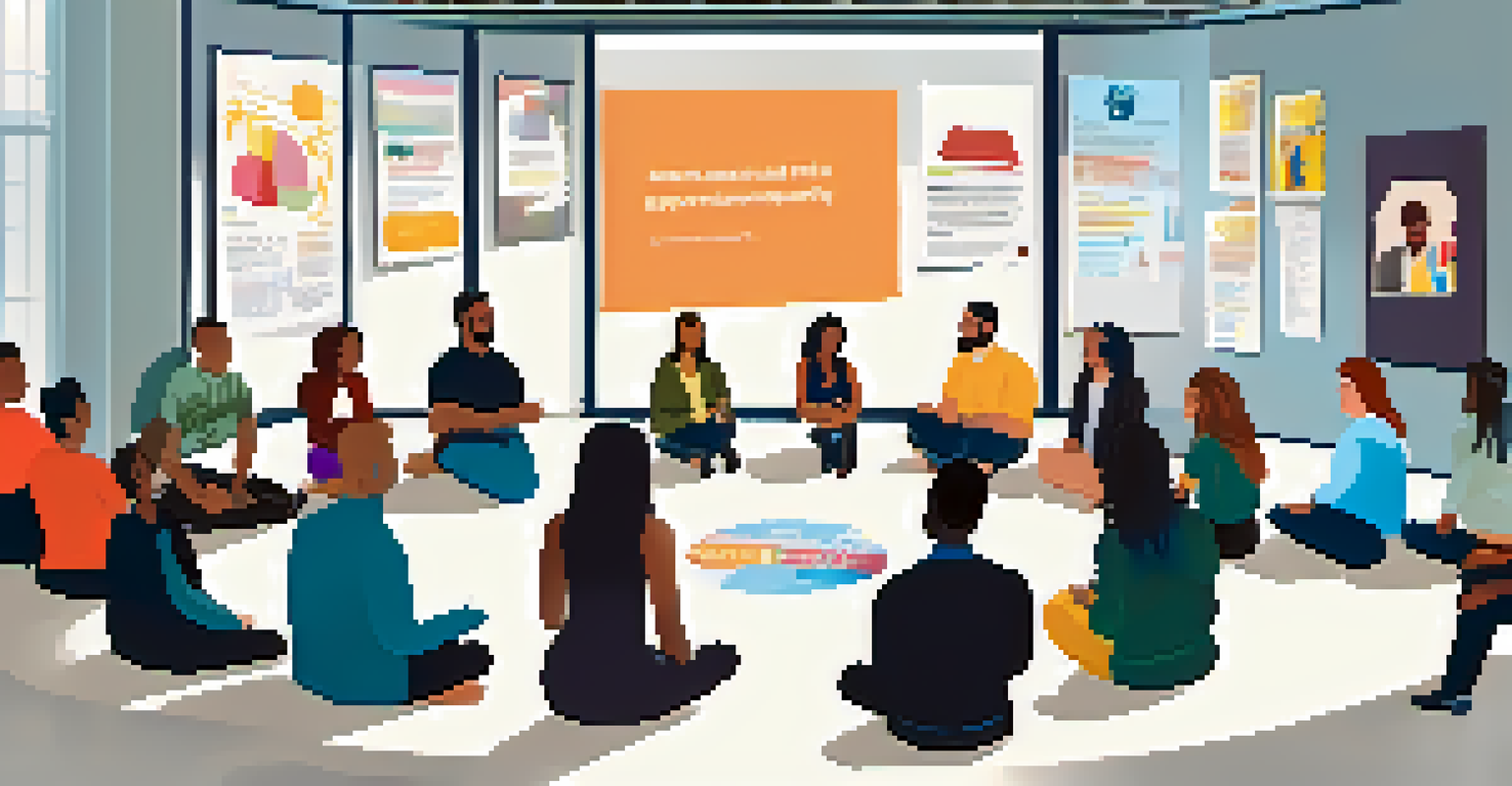 A diverse group of professionals in a bright training room discussing mental health awareness and support.
