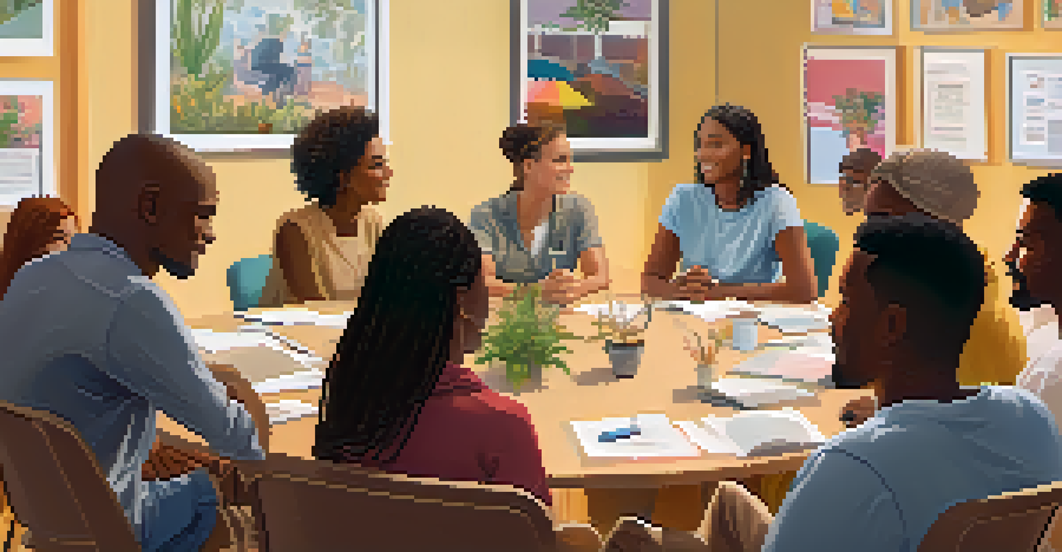 A diverse group of people in a support group sitting in a circle, showing empathy and understanding in a bright and inviting room.
