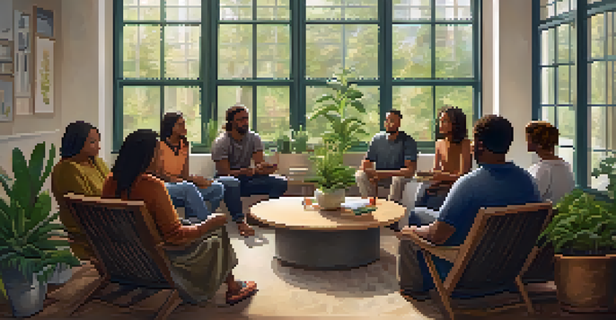 A diverse group of individuals in a support circle, sharing experiences in a warmly lit room with motivational quotes on the walls.